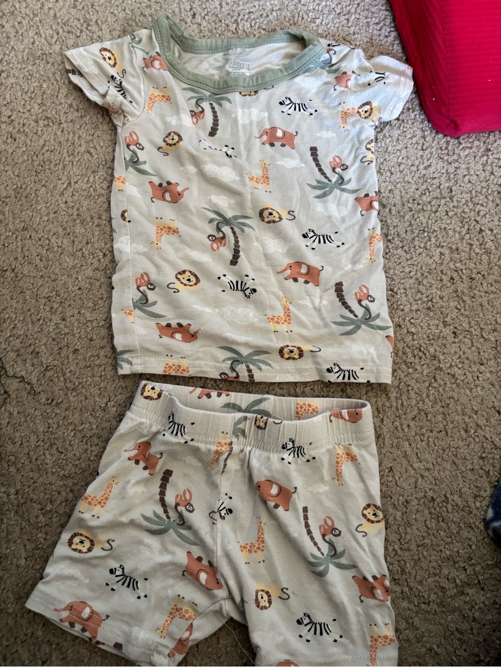 Toddler Short Sleeve Safari Pajama Set - Cream with Olive Trim